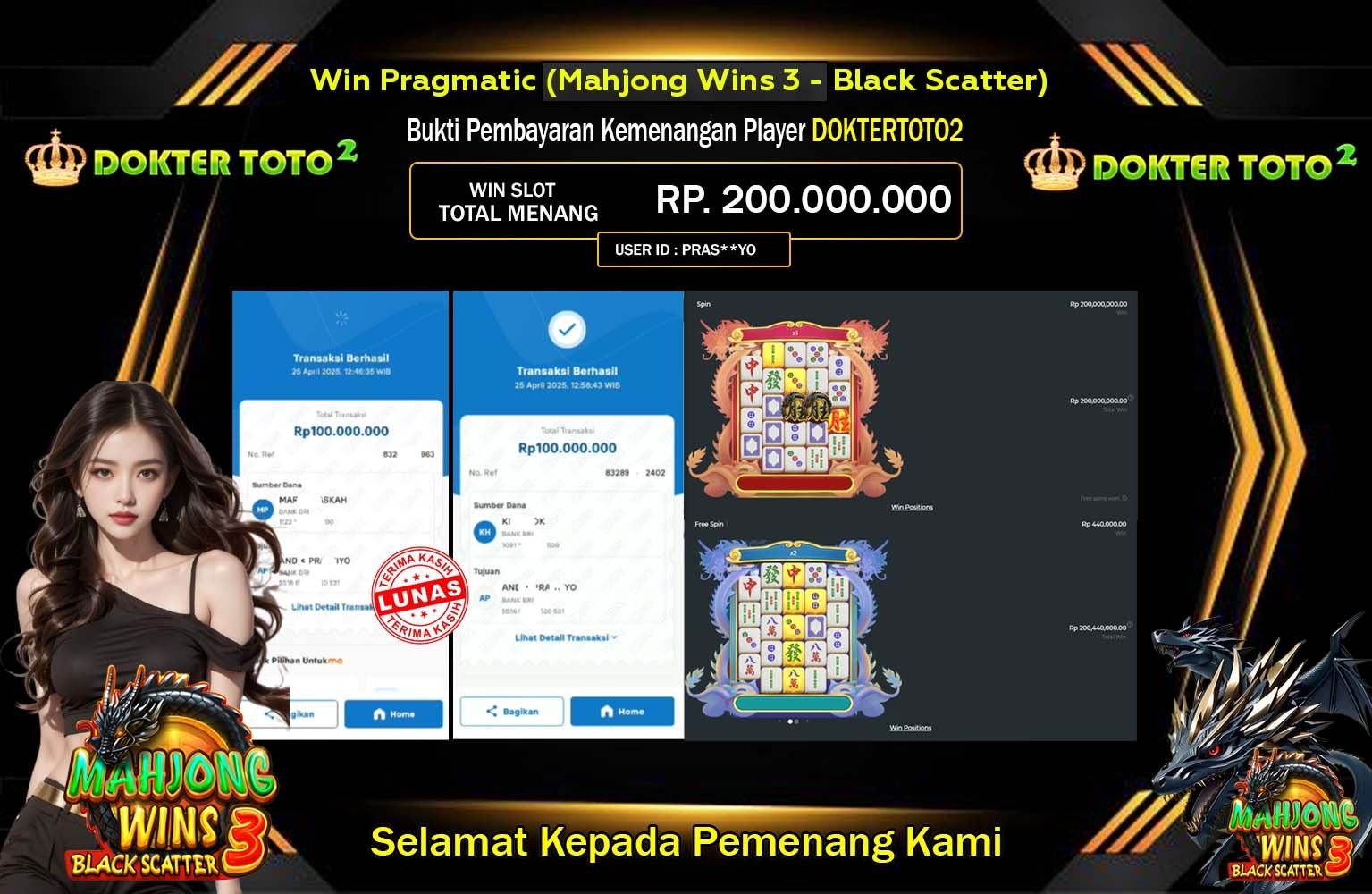 DOKTERTOTO JACKPOT (Mahjong Wins 3 - Black Scatter) Rp.200.000.000,- LUNAS