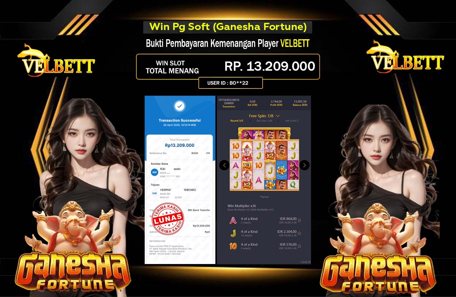 VELBETT JACKPOT PG SOFT (GANESHA FORTUNE )  Rp.13.209.000,- LUNAS