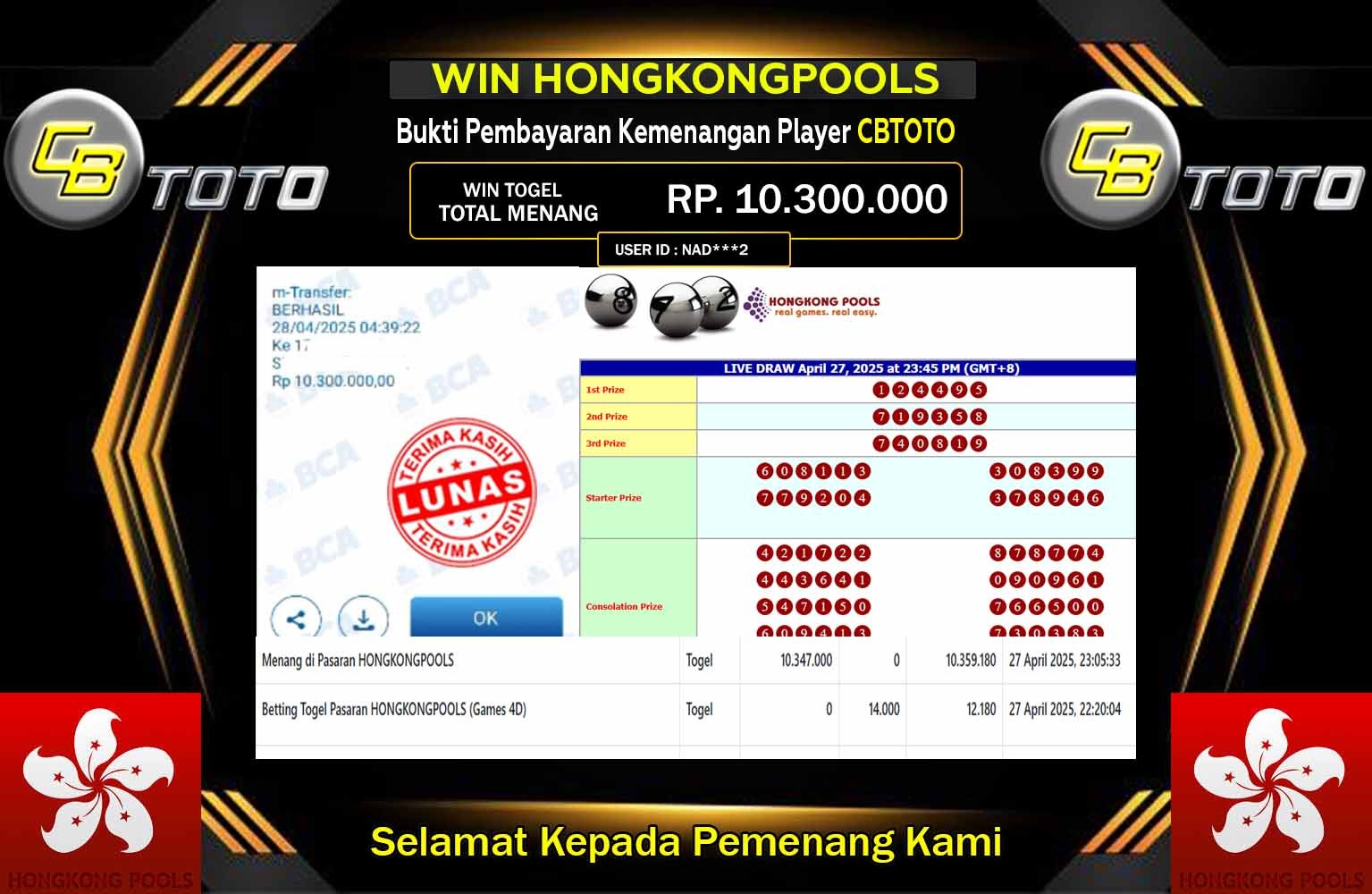 CBTOTO JACKPOT HONGKONGPOOLS Rp.10.300.000,- LUNAS