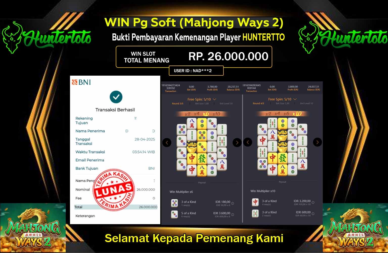 HUNTERTOTO JACKPOT Win Pg Soft (Mahjong Ways 2) Rp.26.000.000,- LUNAS