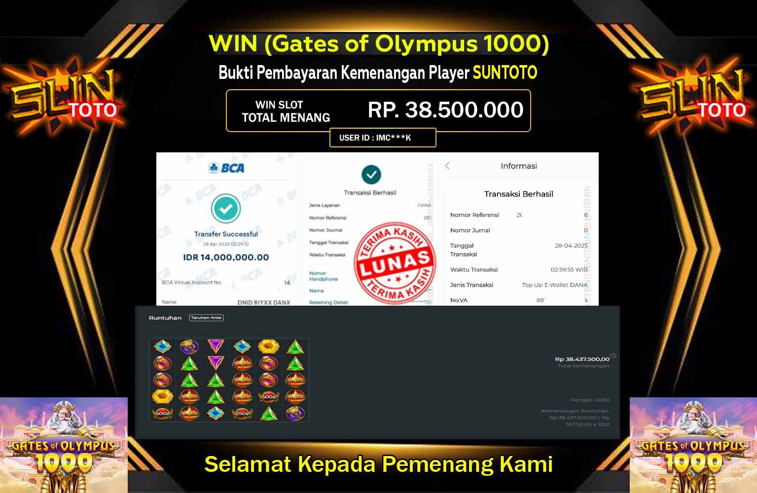 SUNTOTO JACKPOT Pragmatic (Gates of Olympus 1000)  Rp.38.500.000,- LUNAS