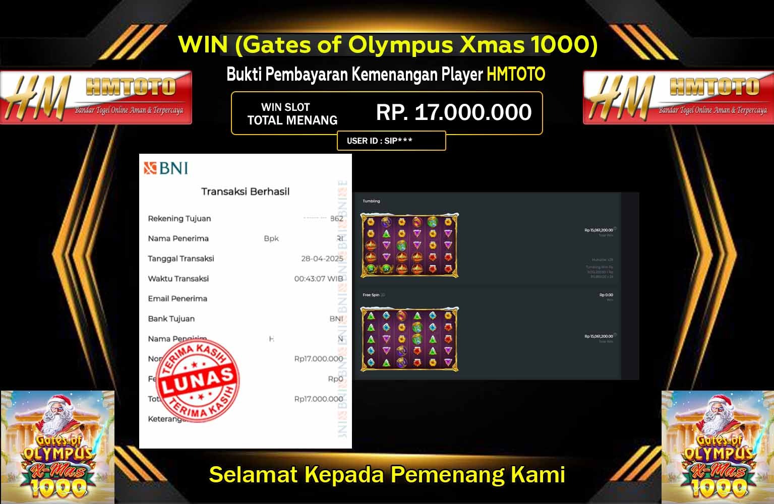 HMTOTO JACKPOT Pragmatic (Gates of Olympus Xmas 1000)  Rp.17.000.000,- LUNAS