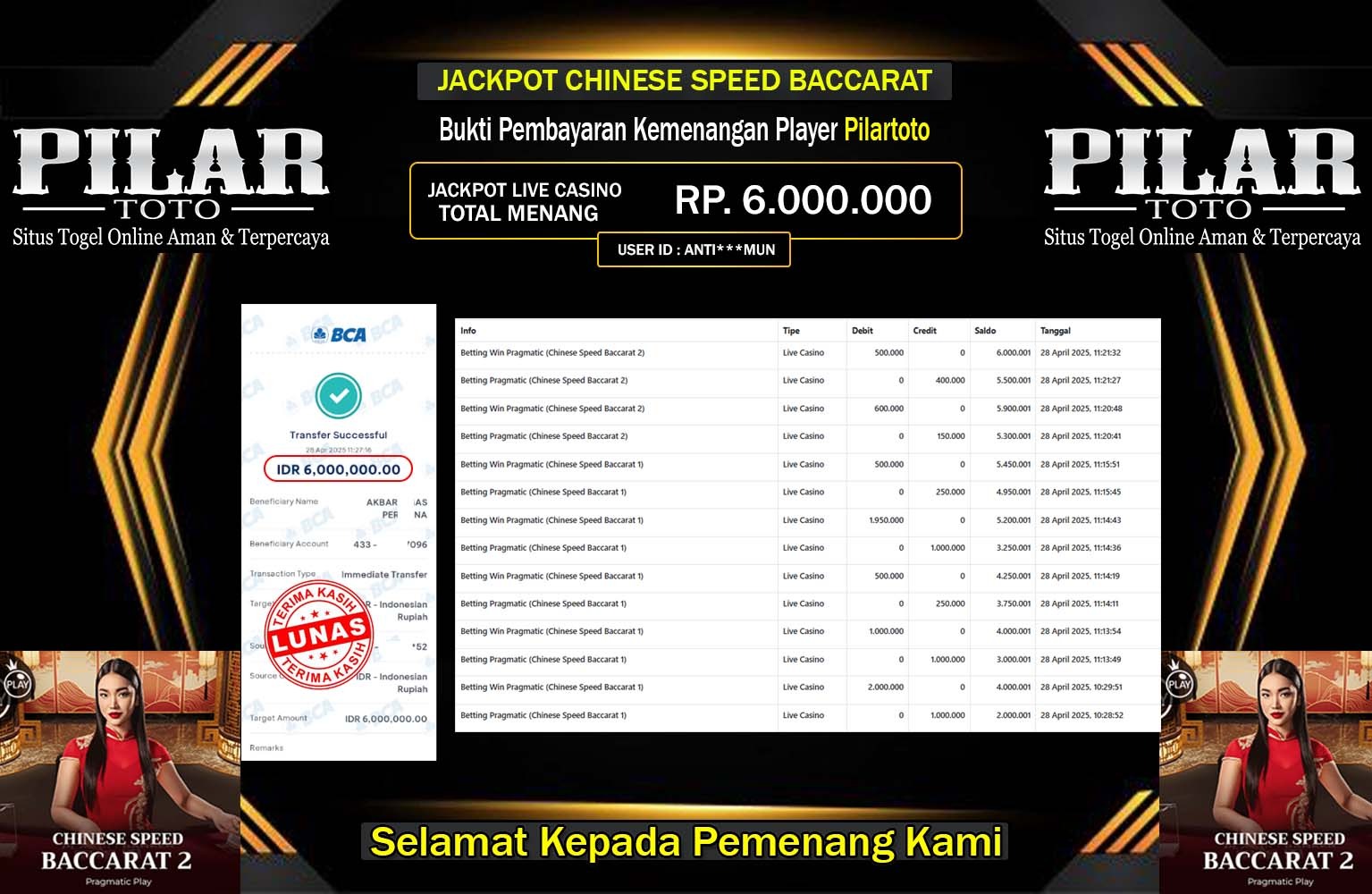 PILARTOTO JACKPOT SPEED BACCARAT Rp.6.000.000,- LUNAS