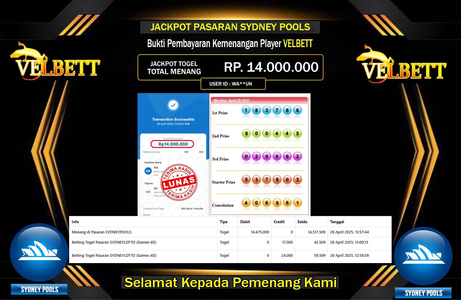 VELBETT JACKPOT SYDNEY POOLS Rp.14.000.000,- LUNAS