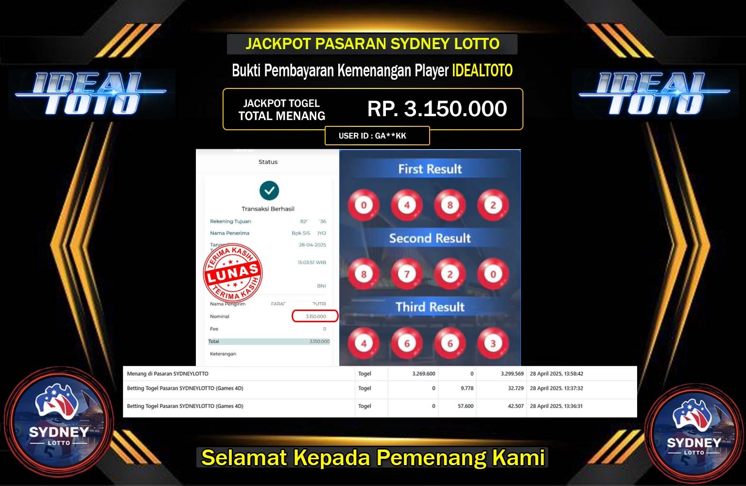IDEALTOTO JACKPOT SYDNEY LOTTO Rp.3.150.000,- LUNAS