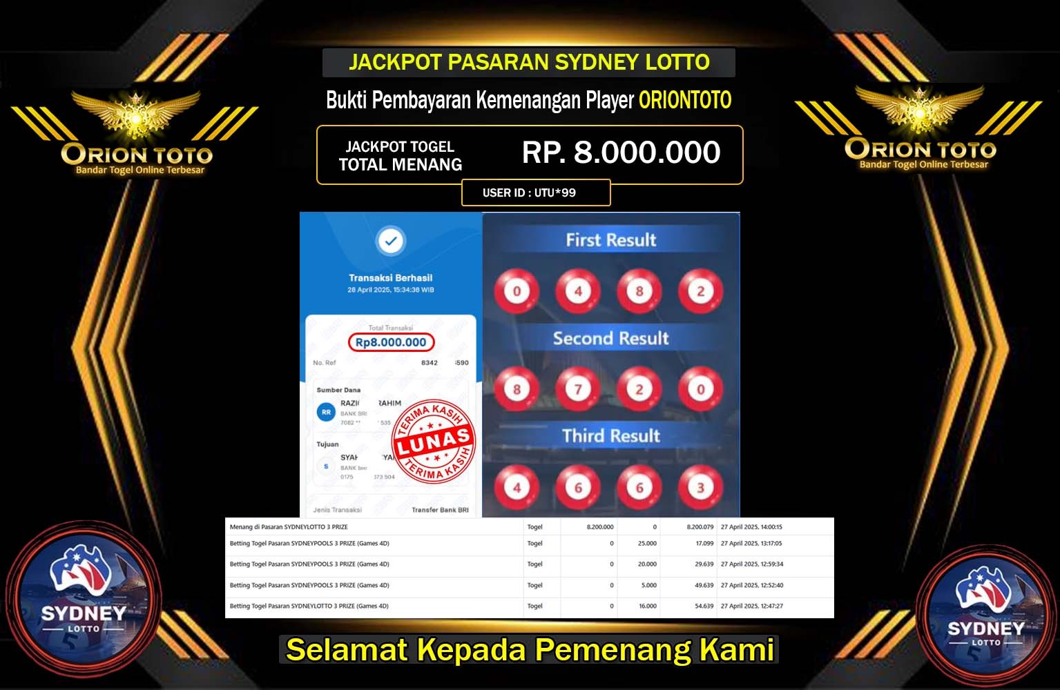 ORIONTOTO JACKPOT SYDNEY LOTTO Rp.8.000.000,- LUNAS