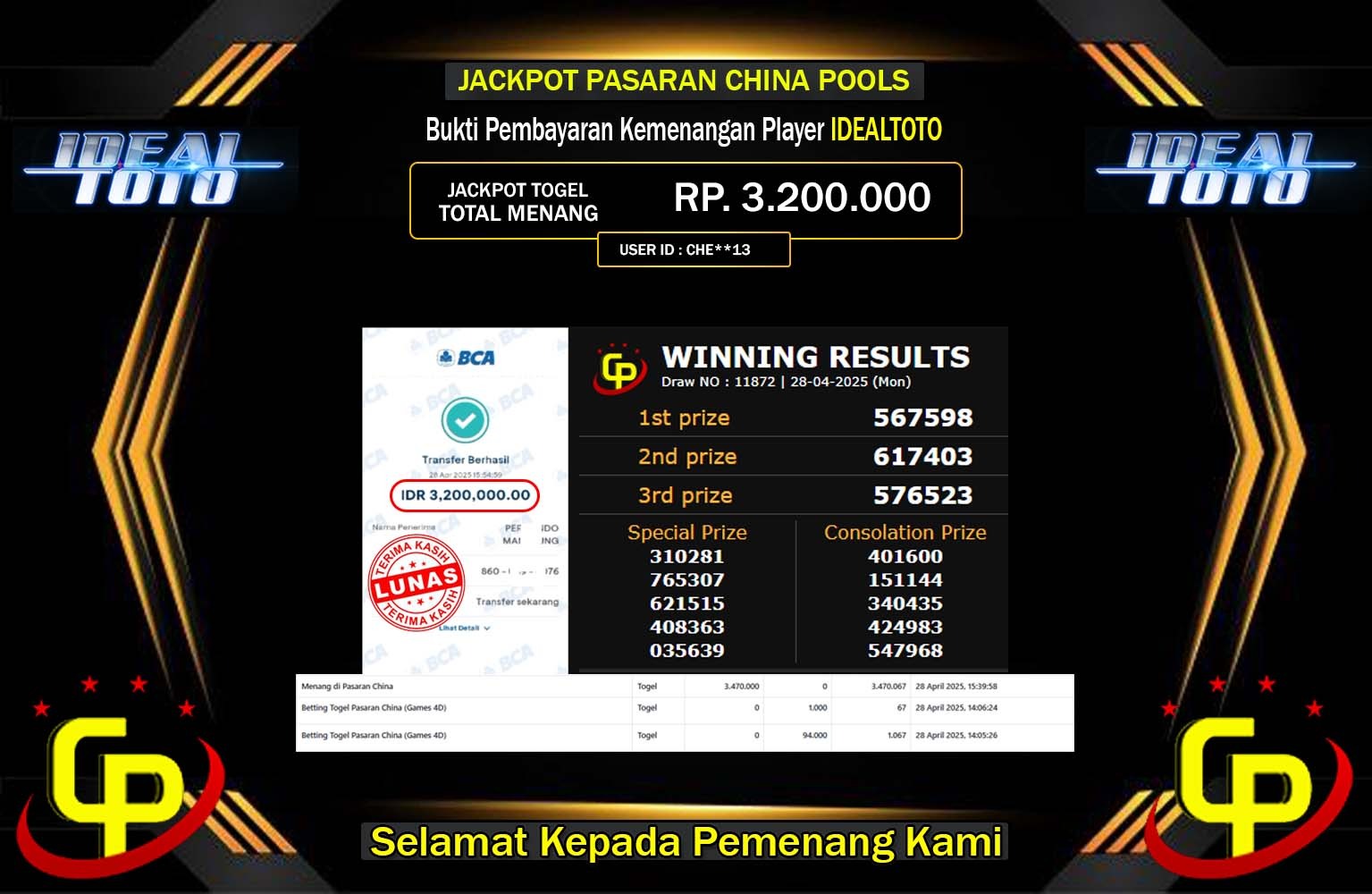 IDEALTOTO JACKPOT CHINA POOLS Rp.3.200.000,- LUNAS