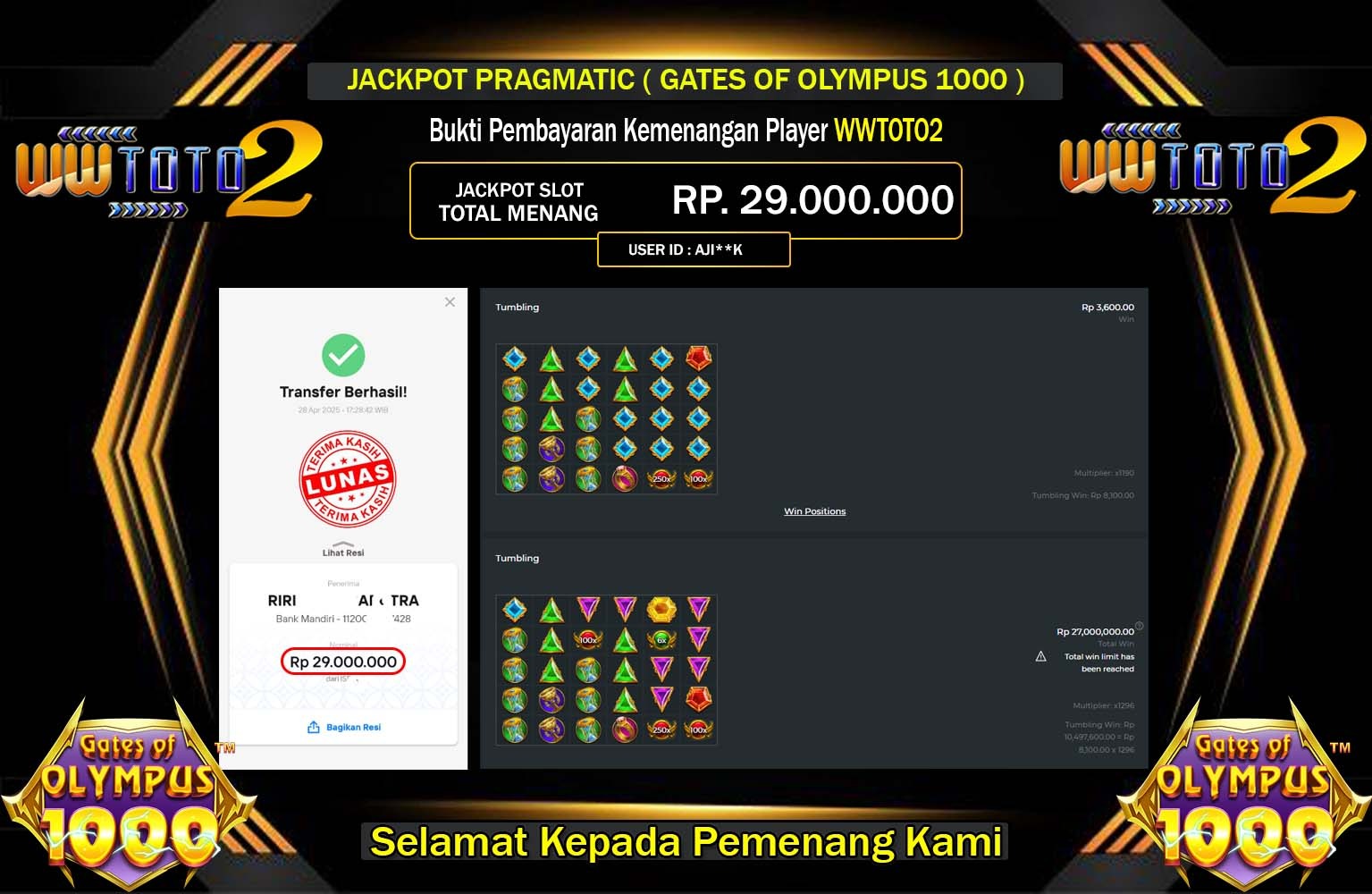WWTOTO2 JACKPOT GATES OF OLYMPUS 1000 Rp.29.000.000,- LUNAS