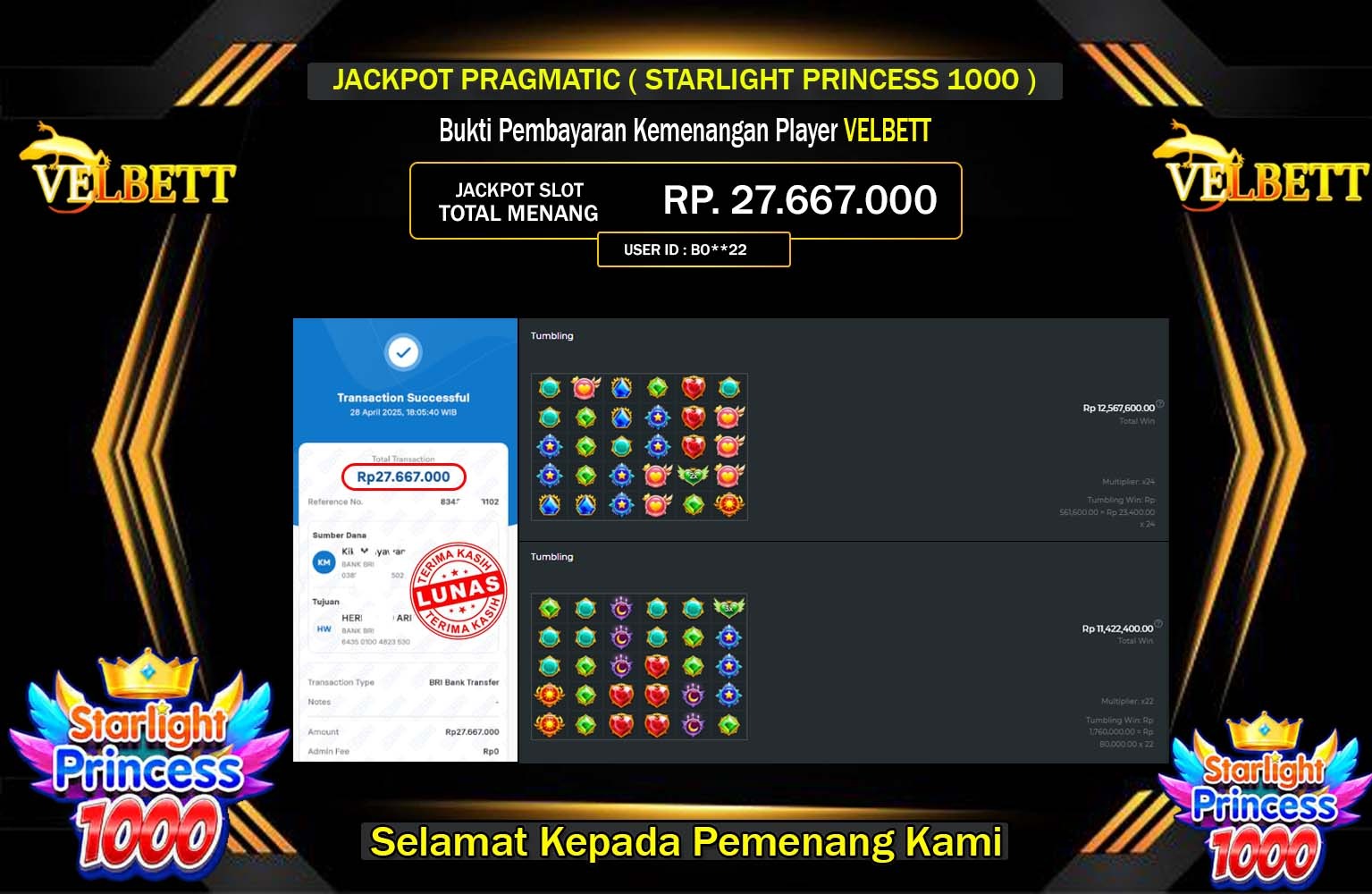 VELBETT JACKPOT STARLIGHT PRINCESS 1000 Rp.27.667.000,- LUNAS