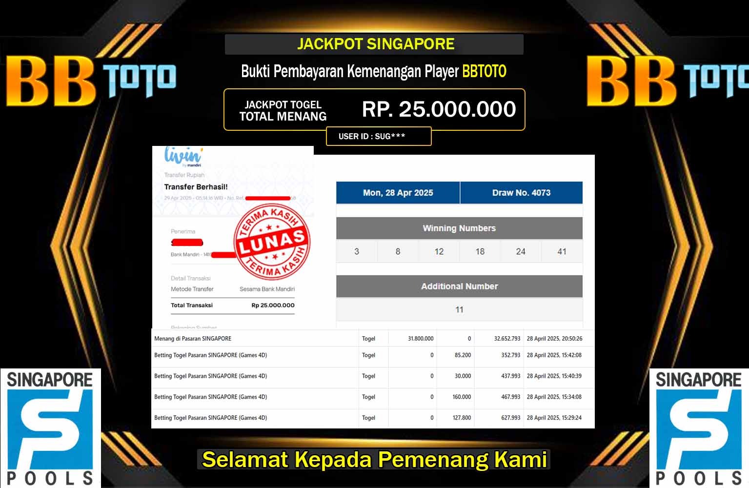 BBTOTO JACKPOT SINGAPORE POOLS Rp.25.000.000,- LUNAS