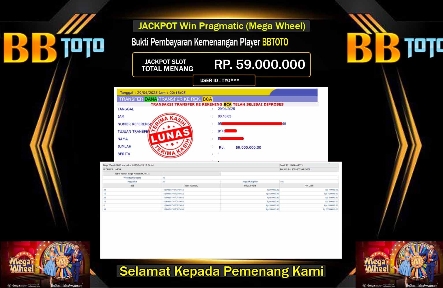 BBTOTO JACKPOT MEGA WHEEL Rp.59.000.000,- LUNAS