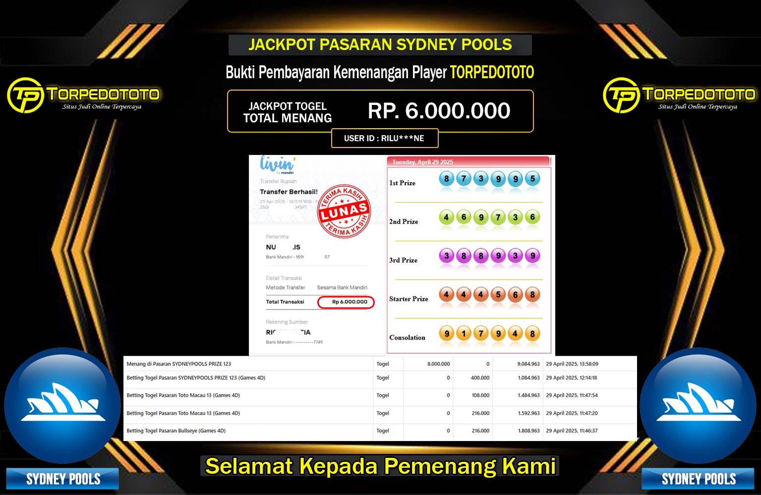 TORPEDOTOTO JACKPOT SYDNEY POOLS Rp.6.000.000,- LUNAS