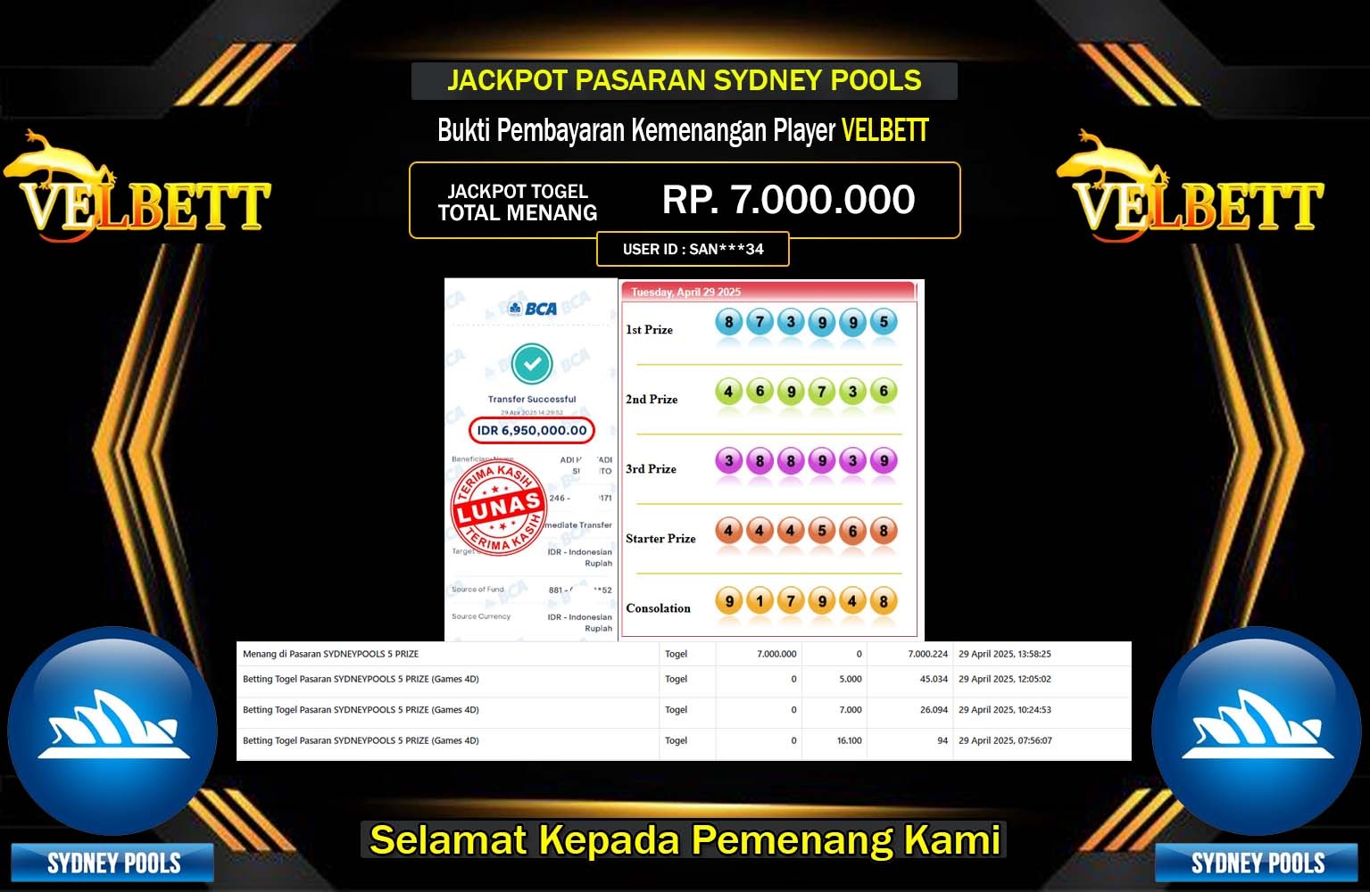 VELBETT JACKPOT SYDNEY POOLS Rp.7.000.000,- LUNAS
