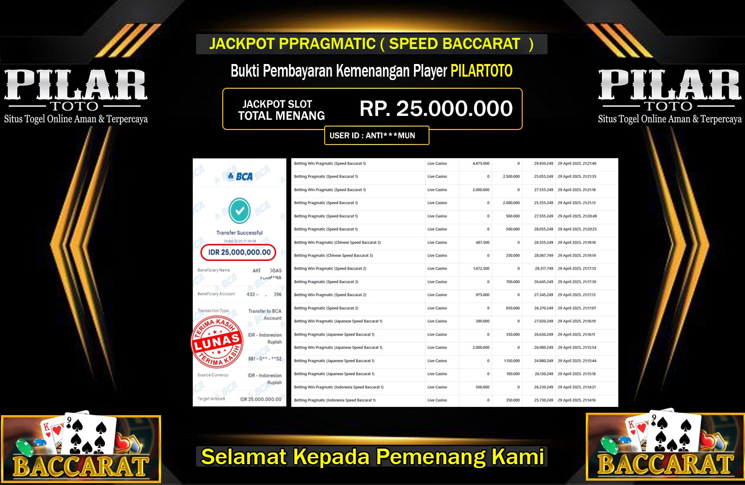 PILARTOTO JACKPOT SPEED BACCARAT Rp.25.000.000,- LUNAS