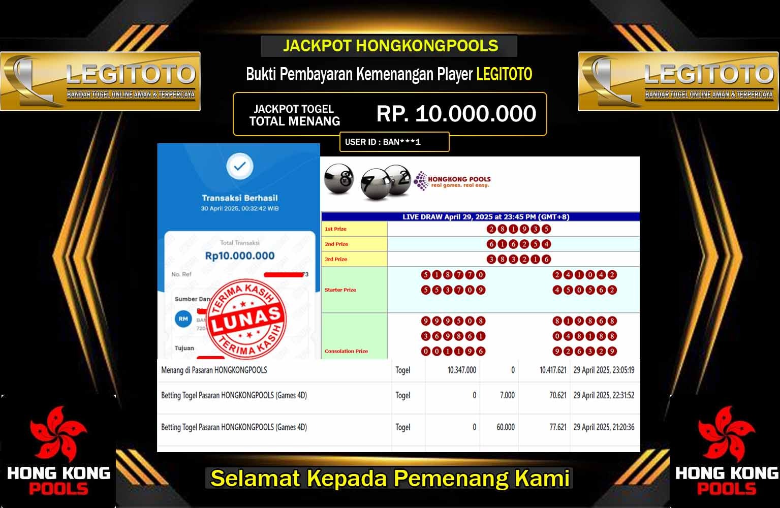 LEGITOTO JACKPOT HONGKONGPOOLS Rp.10.000.000,- LUNAS