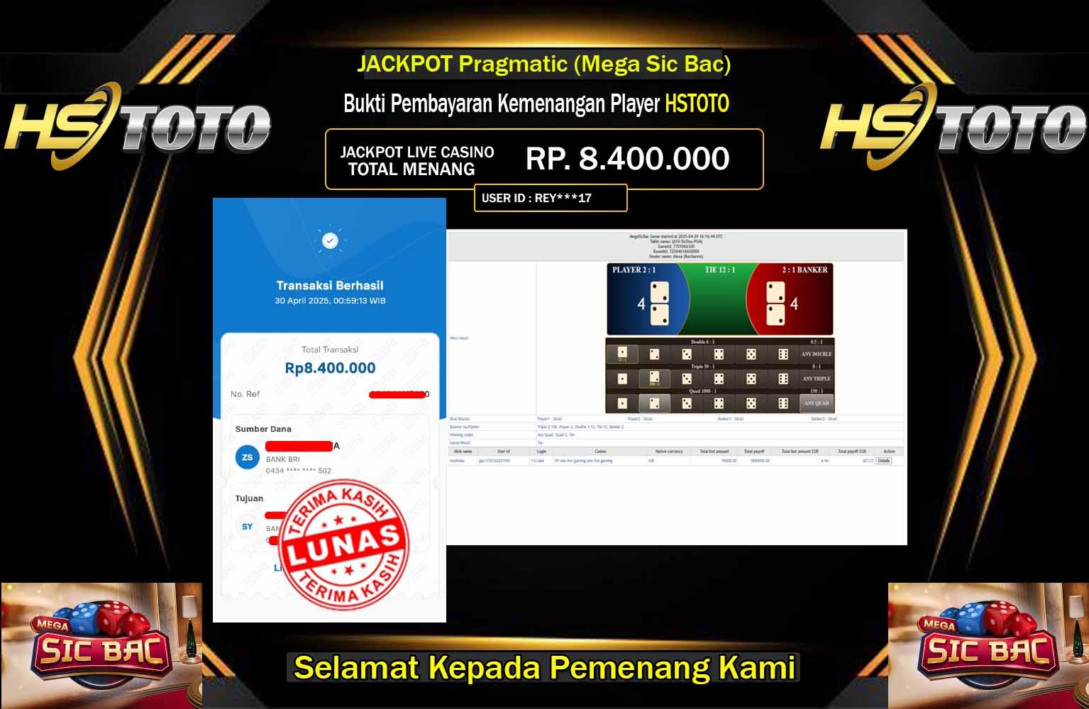 HSTOTO JACKPOT Pragmatic (Mega Sic Bac) Rp.8.400.000,- LUNAS