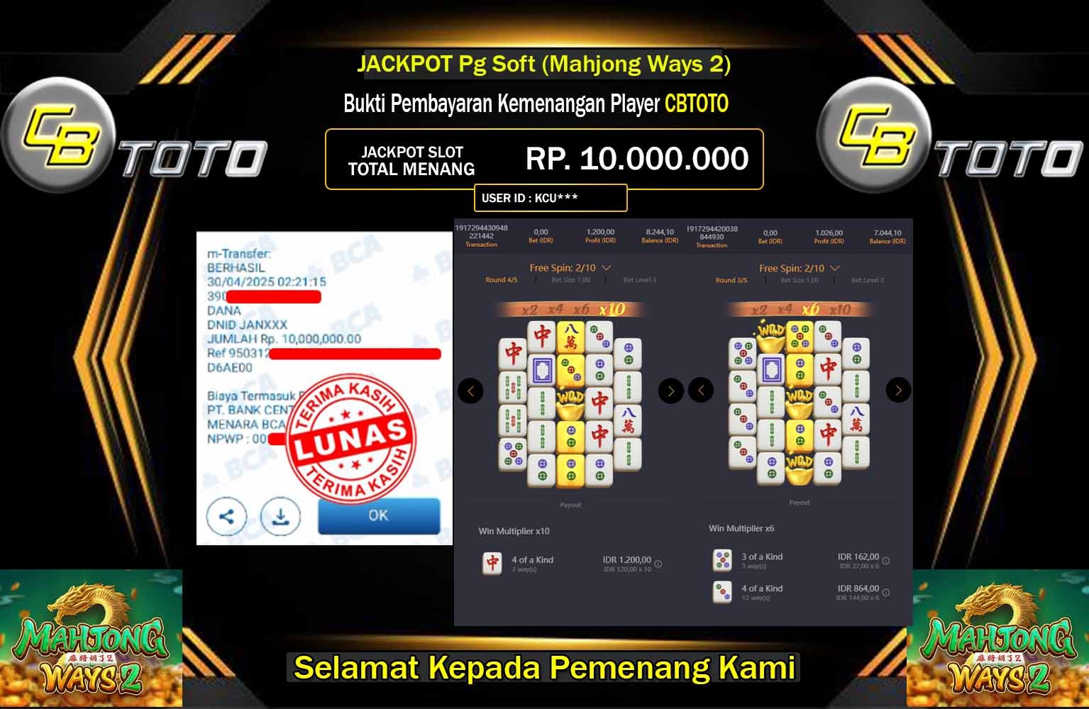 CBTOTO JACKPOT Pg Soft (Mahjong Ways 2)  Rp.10.000.000,- LUNAS