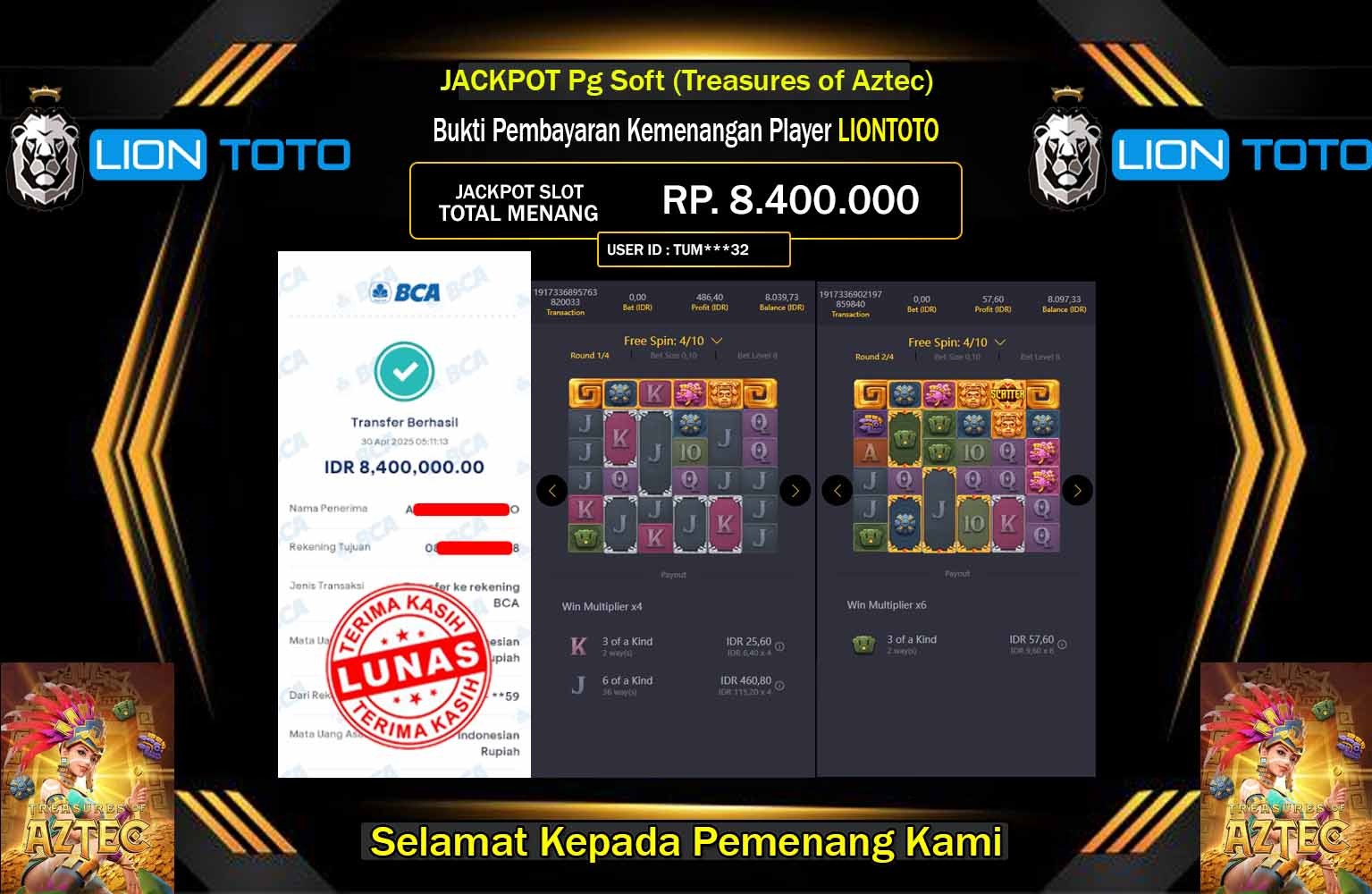 LIONTOTO JACKPOT Pg Soft (Treasures of Aztec) Rp.8.400.000,- LUNAS