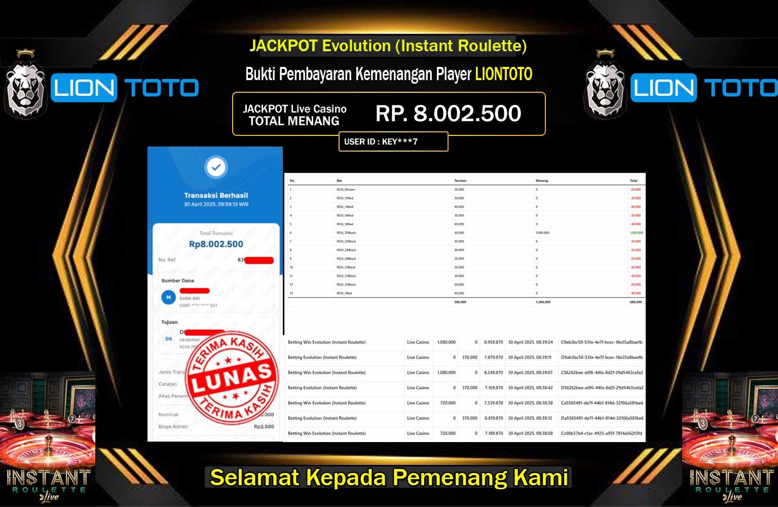 LIONTOTO JACKPOT Evolution (Instant Roulette) Rp.8.002.500,- LUNAS