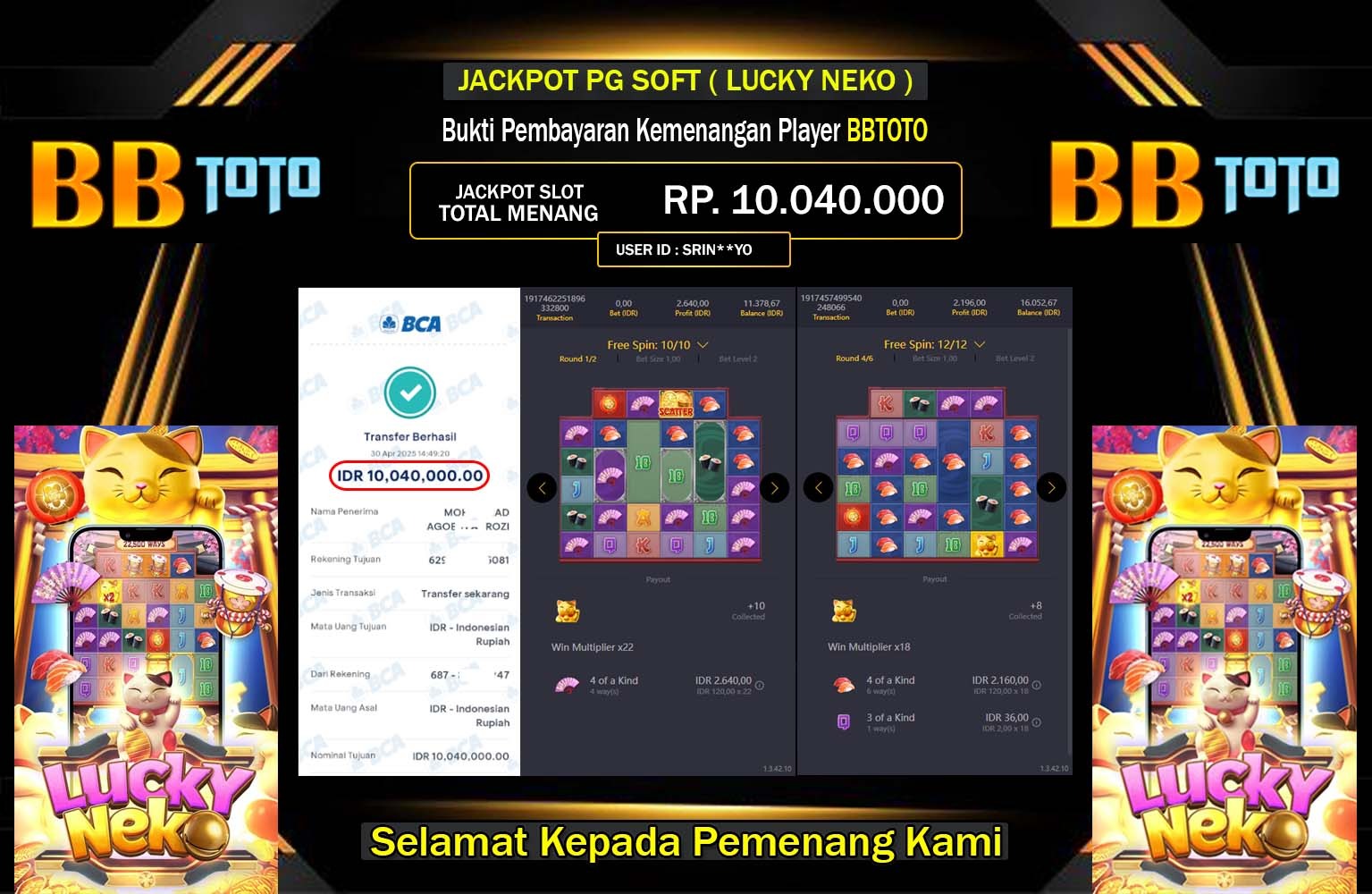 BBTOTO JACKPOT Pg Soft (Lucky Neko) Rp.10.040.000,- LUNAS