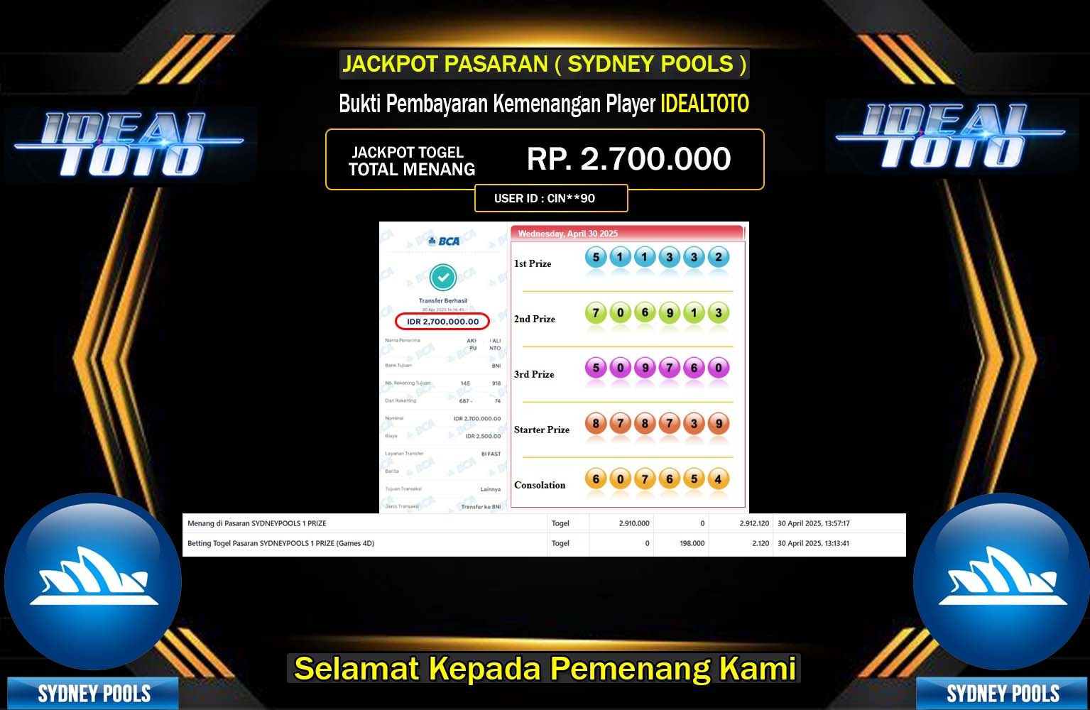 IDEALTOTO JACKPOT SYDNEY POOLS Rp.2.700.000,- LUNAS