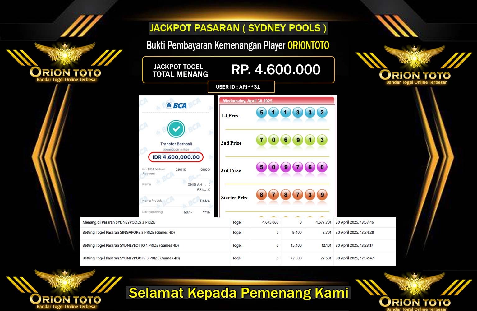 ORIONTOTO JACKPOT SYDNEY POOLS Rp.4.600.000,- LUNAS