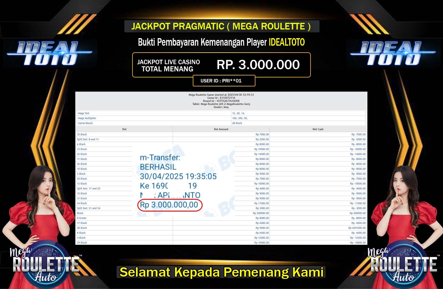 IDEALTOTO JACKPOT Pragmatic (Mega Roulette) Rp.3.000.000,- LUNAS