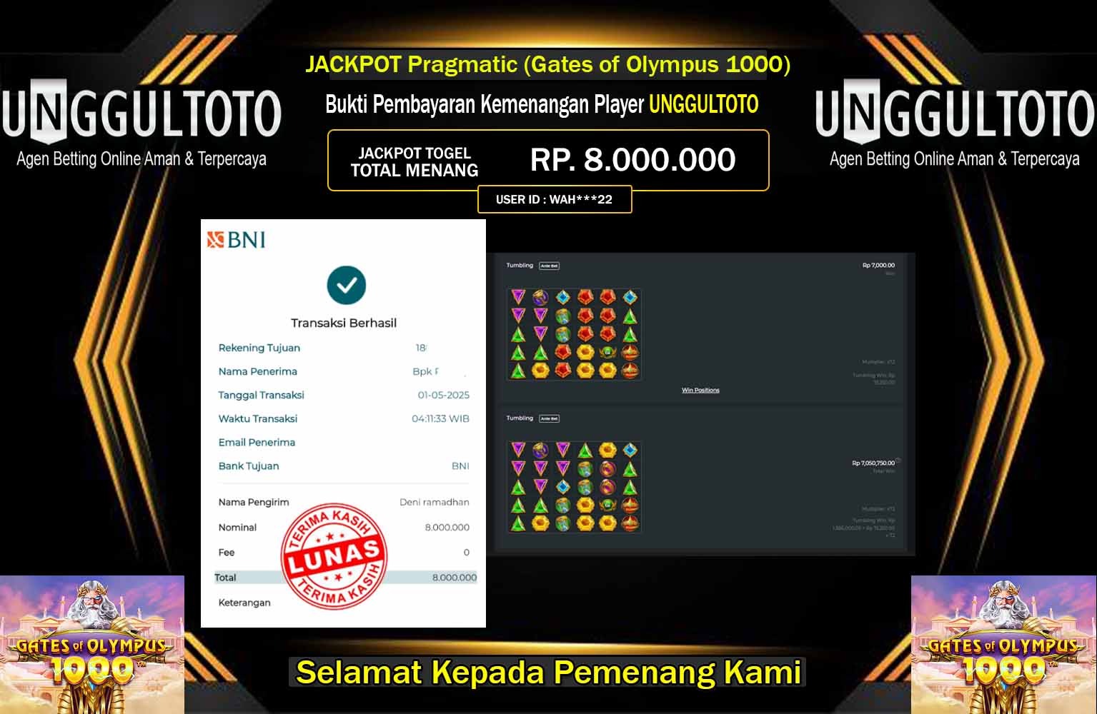 UNGGULTOTO JACKPOT Pragmatic (Gates of Olympus 1000) Rp.10.000.000,- LUNAS