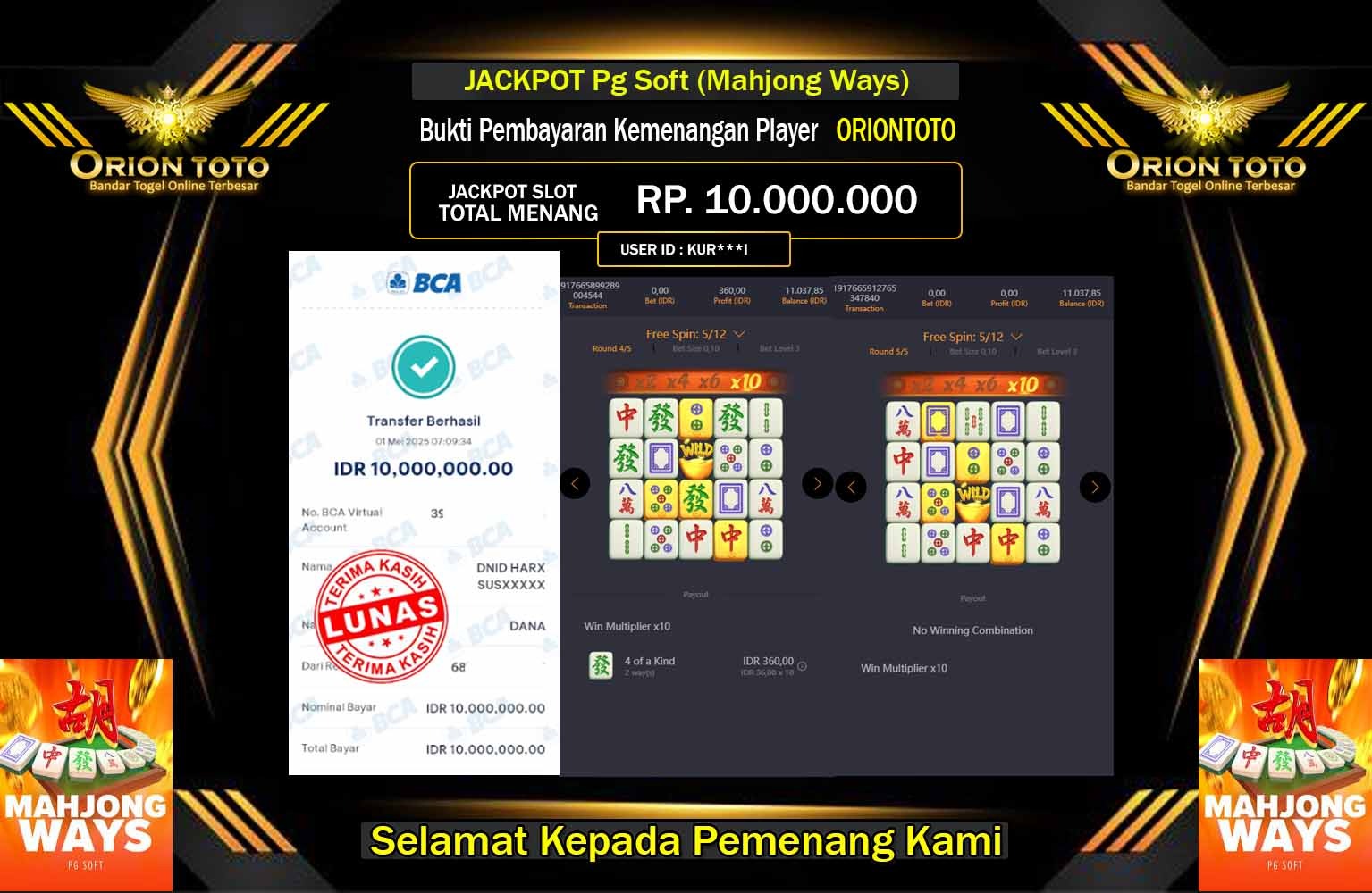 ORIONTOTO JACKPOT Pg Soft (Mahjong Ways) Rp.10.000.000,- LUNAS