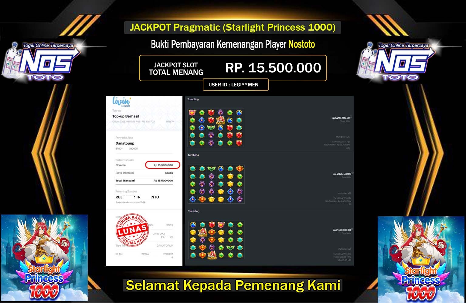 NOSTOTO JACKPOT STARLIGHT PRINCESS 1000 Rp.15.500.000,- LUNAS