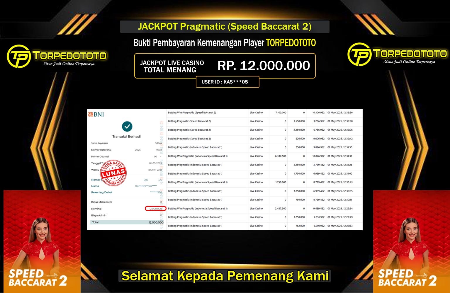 NOSTOTO JACKPOT Pragmatic (Speed Baccarat 2) Rp.12.000.000,- LUNAS