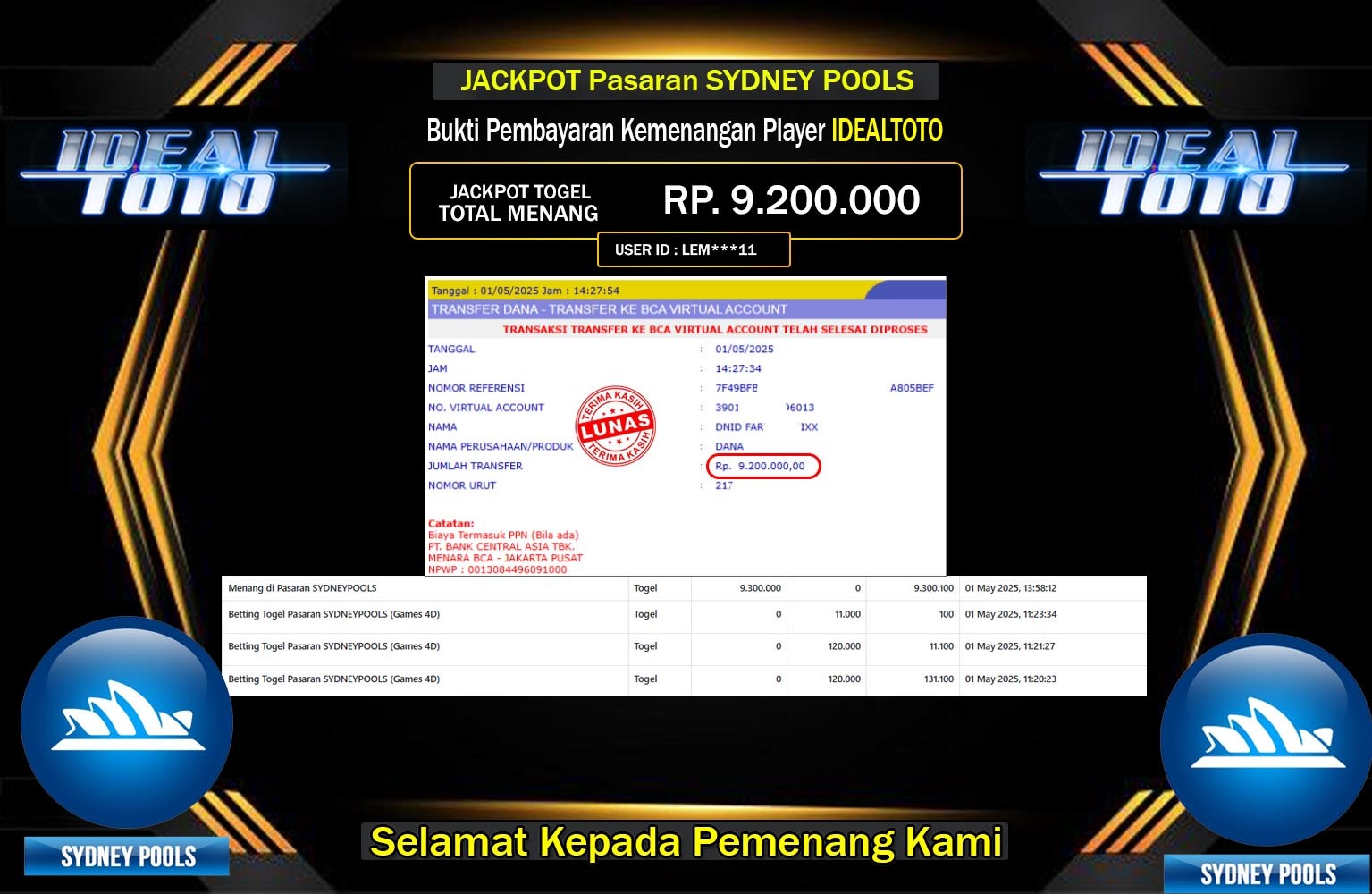 IDEALTOTO JACKPOT SYDNEY POOLS Rp.9.200.000,- LUNAS