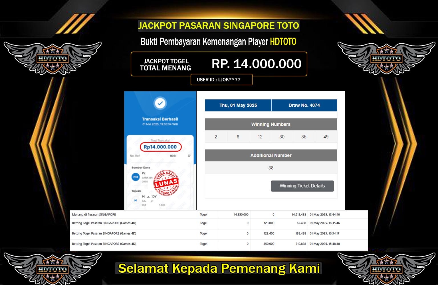 HDTOTO JACKPOT SINGAPORE POOLS Rp.14.000.000,- LUNAS