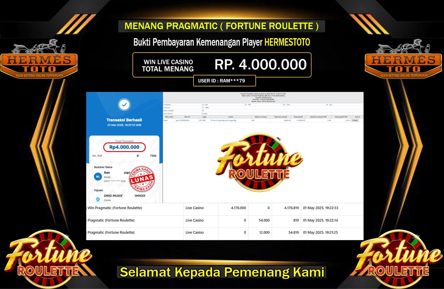 HERMESTOTO JACKPOT Pragmatic (Fortune Roulette) Rp.4.000.000,- LUNAS