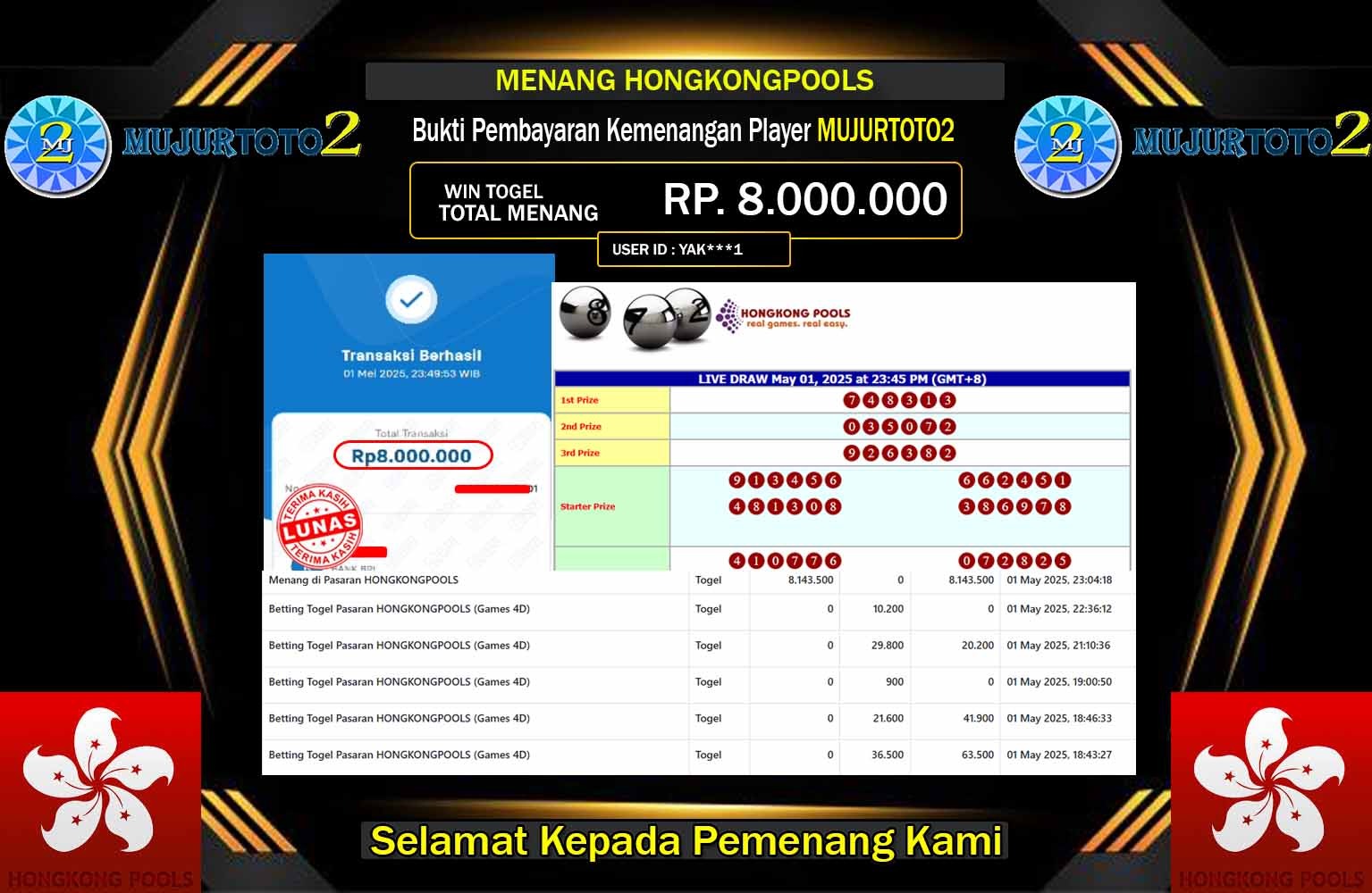 MUJURTOTO2 JACKPOT HONGKONGPOOLS  Rp.8.000.000,- LUNAS