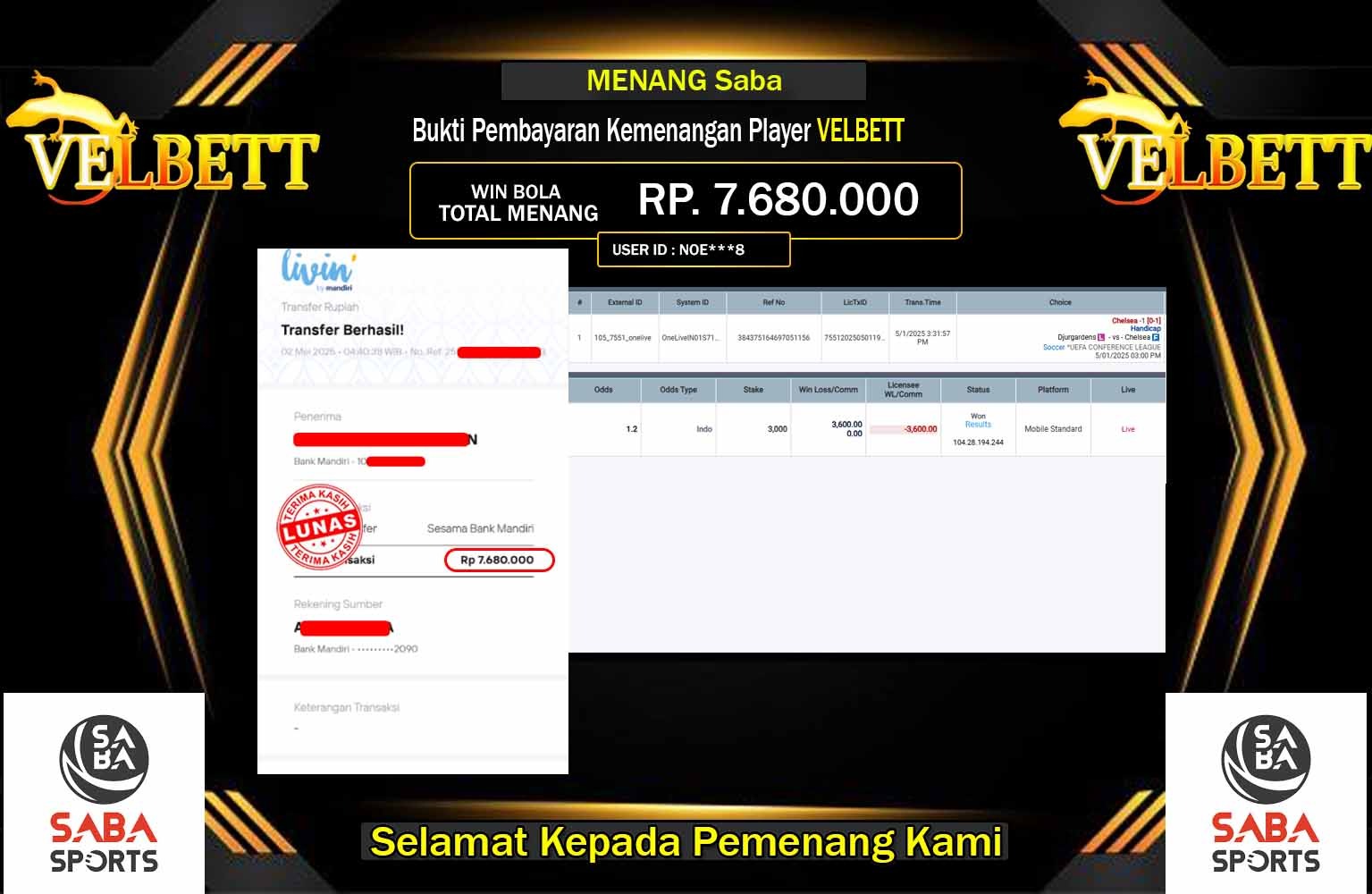 VELBETT JACKPOT SABA SPORTS Rp.7.680.000,- LUNAS