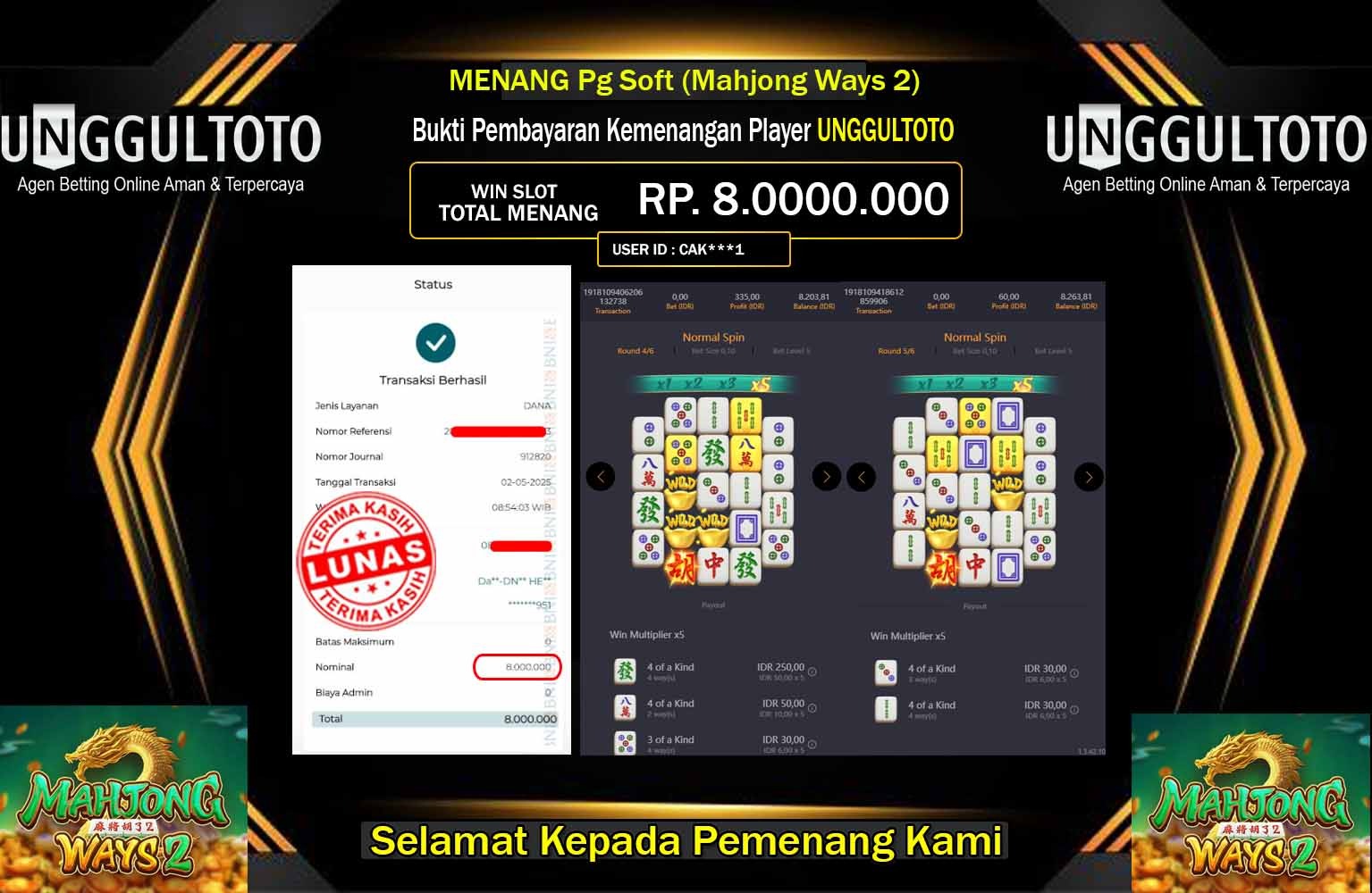 UNGGULTOTO JACKPOT Pg Soft (Mahjong Ways 2) Rp.8.000.000,- LUNAS