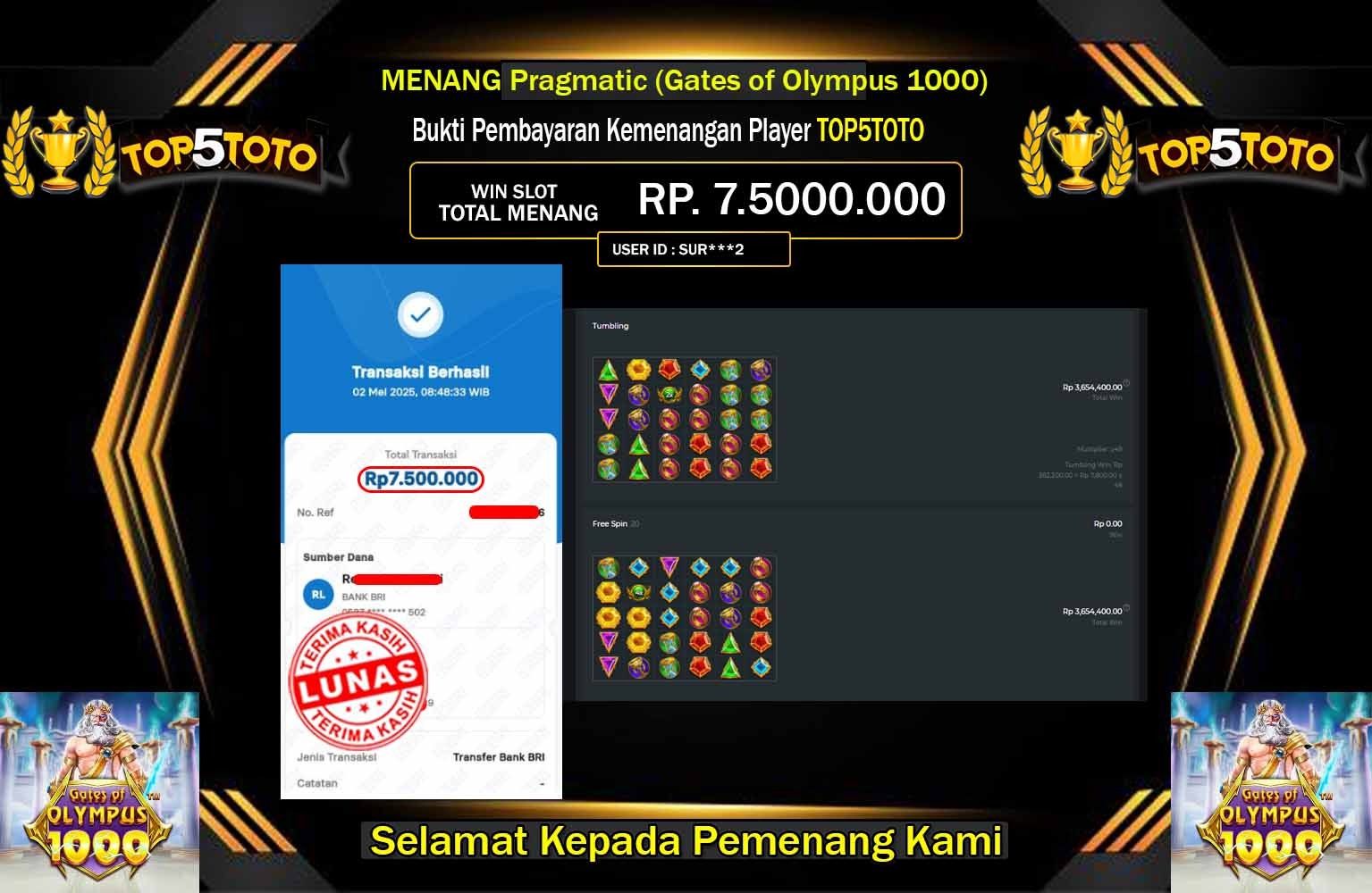 TOP5TOTO JACKPOT Pragmatic (Gates of Olympus 1000) Rp.7.500.000,- LUNAS