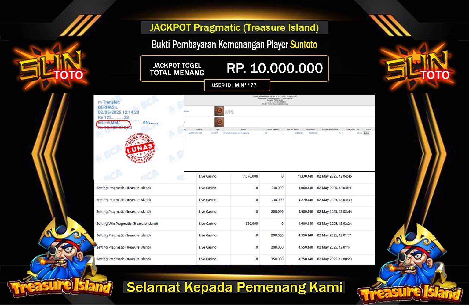 SUNTOTO JACKPOT Pragmatic (Treasure Island) Rp.10.000.000,- LUNAS