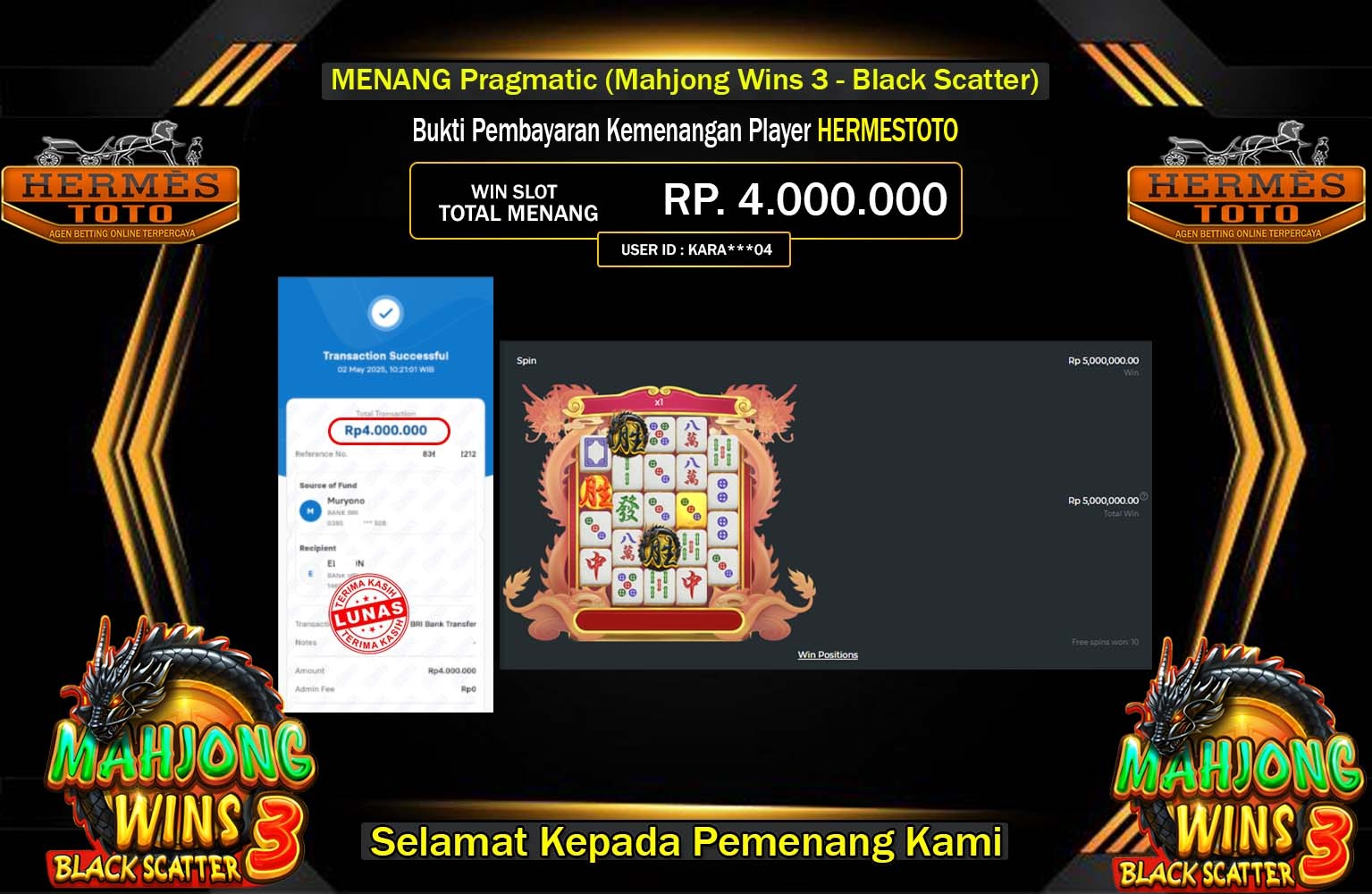 HERMESTOTO JACKPOT Pragmatic (Mahjong Wins 3 - Black Scatter) Rp.4.000.000,- LUNAS