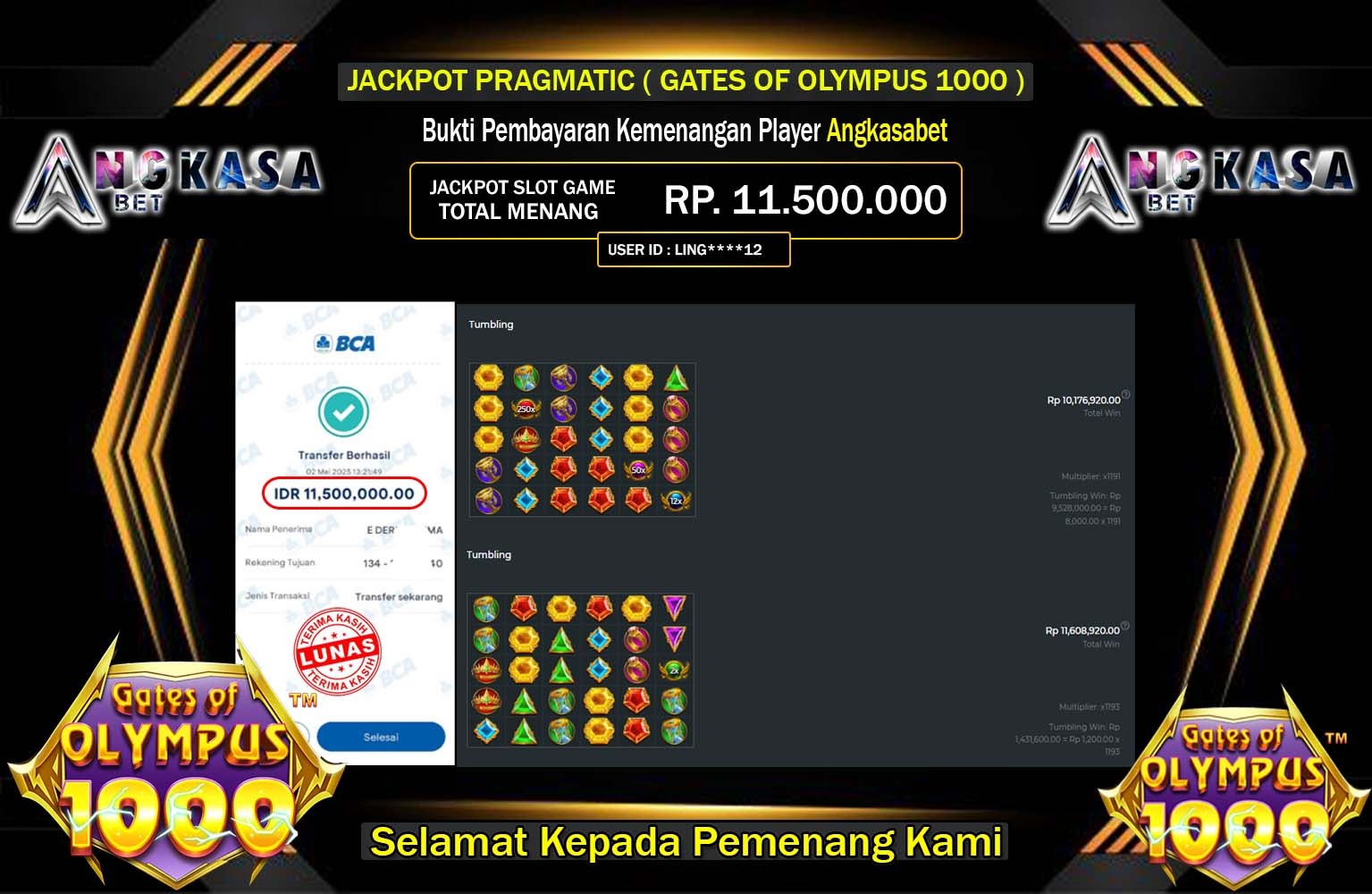 ANGKASABET JACKPOT Pragmatic (Gates of Olympus 1000) Rp.11.500.000,- LUNAS