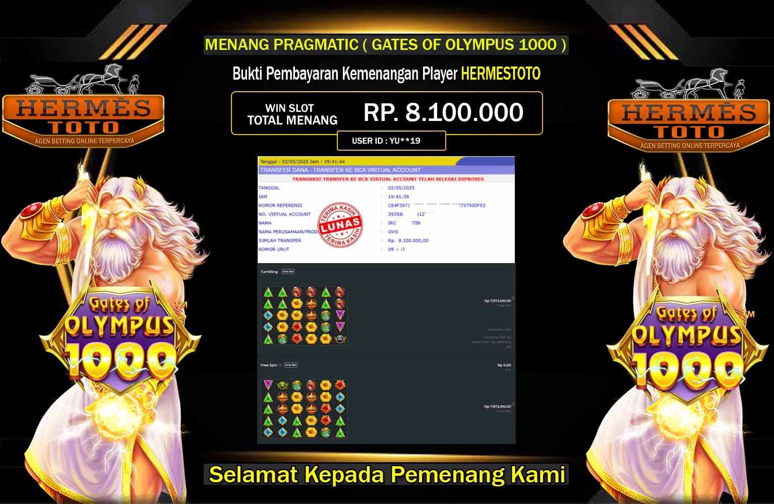 HERMESTOTO JACKPOT Pragmatic (Gates of Olympus 1000) Rp.8.100.000,- LUNAS