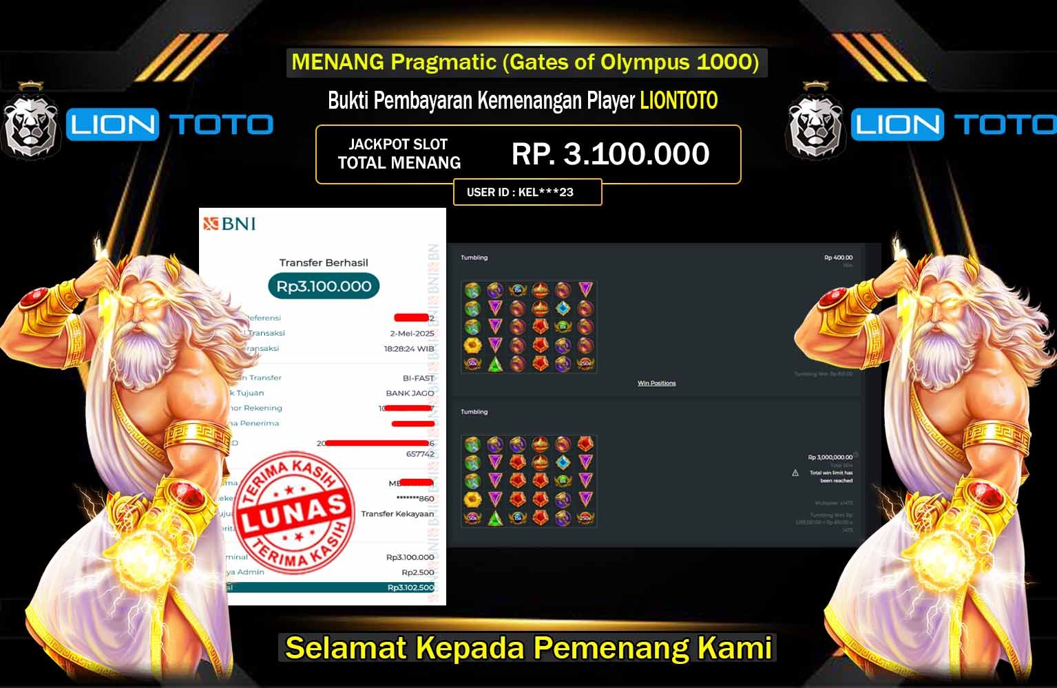 LIONTOTO JACKPOT Pragmatic (Gates of Olympus 1000) Rp.3.100.000,- LUNAS