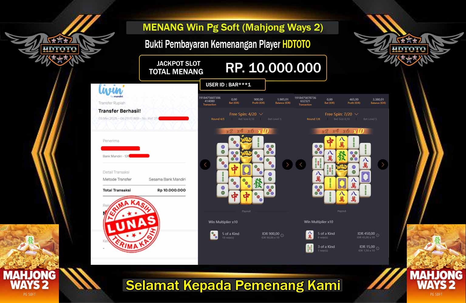 HDTOTO JACKPOT Pg Soft (Mahjong Ways) Rp.10.000.000,- LUNAS