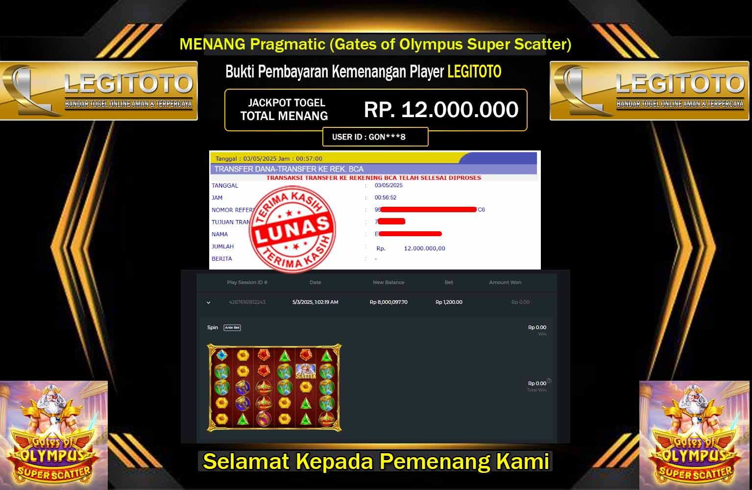 LEGITOTO JACKPOT Pragmatic (Gates of Olympus Super Scatter)  Rp.12.000.000,- LUNAS