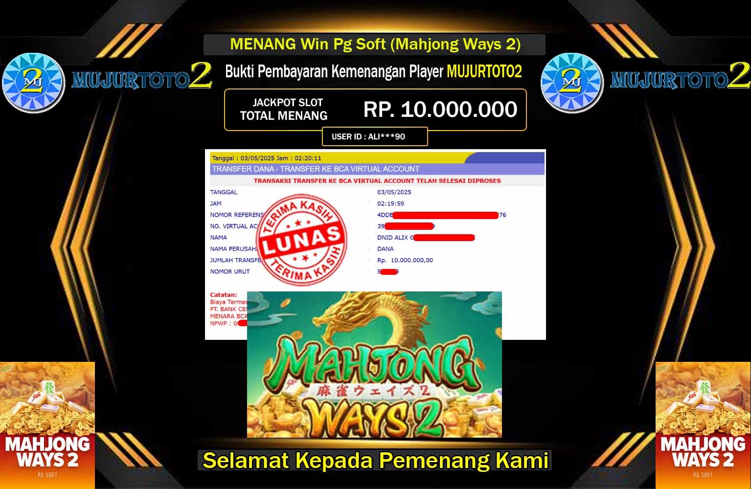 MUJURTOTO2 JACKPOT Pg Soft (Mahjong Ways)Rp.10.000.000,- LUNAS