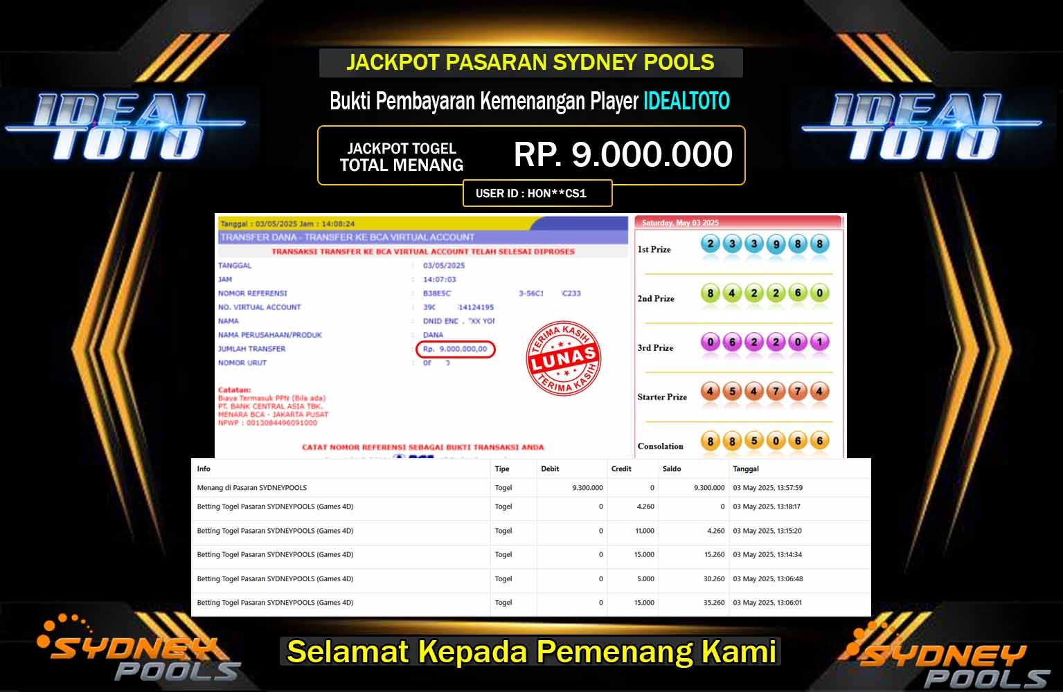 IDEALTOTO JACKPOT SYDNEY POOLS Rp.9.000.000,- LUNAS