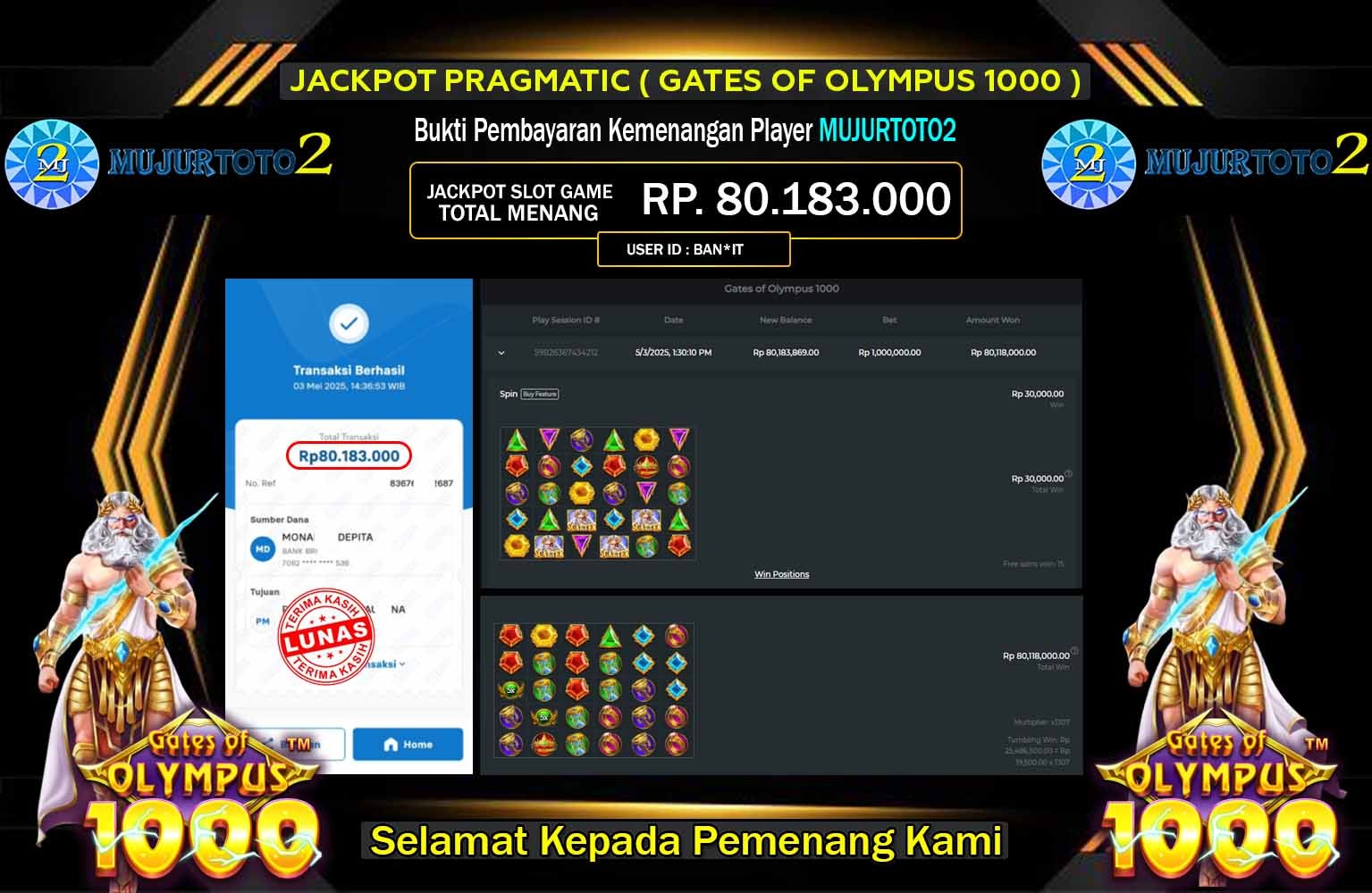 MUJURTOTO2 JACKPOT (Gates of Olympus 1000) Rp.80.183.000,- LUNAS
