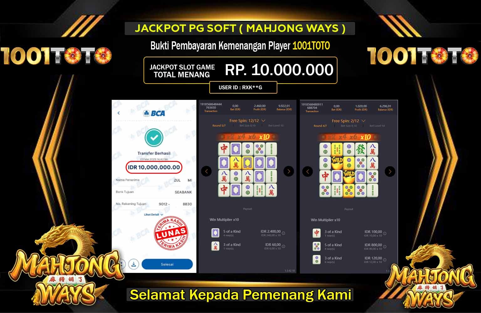 1001TOTO JACKPOT MAHJONG WAYS Rp.10.000.000,- LUNAS