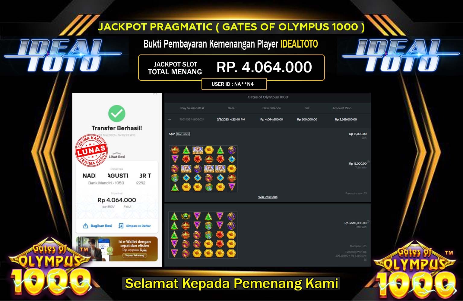 IDEALTOTO JACKPOT Gates of Olympus 1000 Rp.4.064.000,- LUNAS
